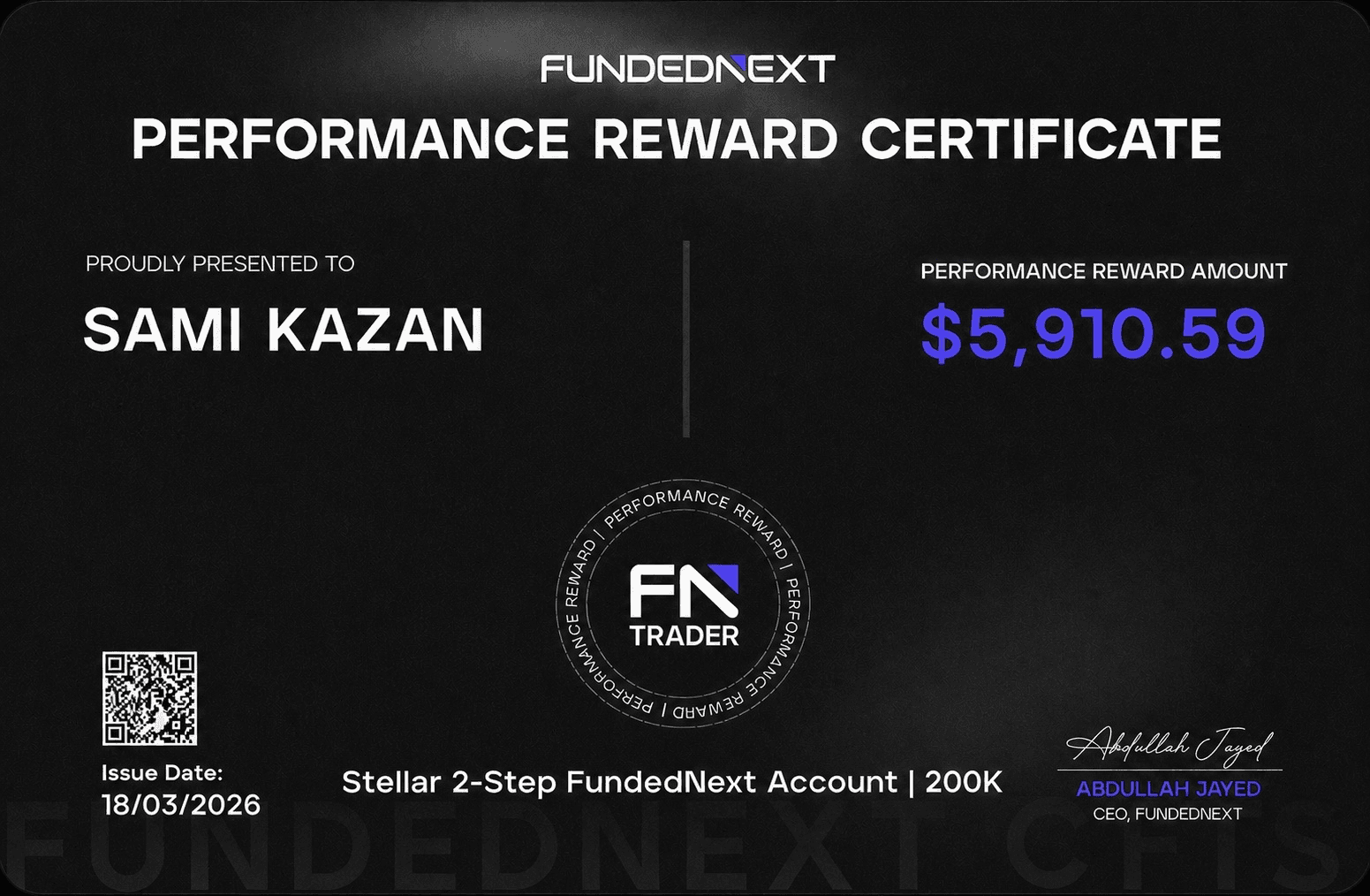 FundedNext Performance Reward $5,910 — Sami Kazan payout proof
