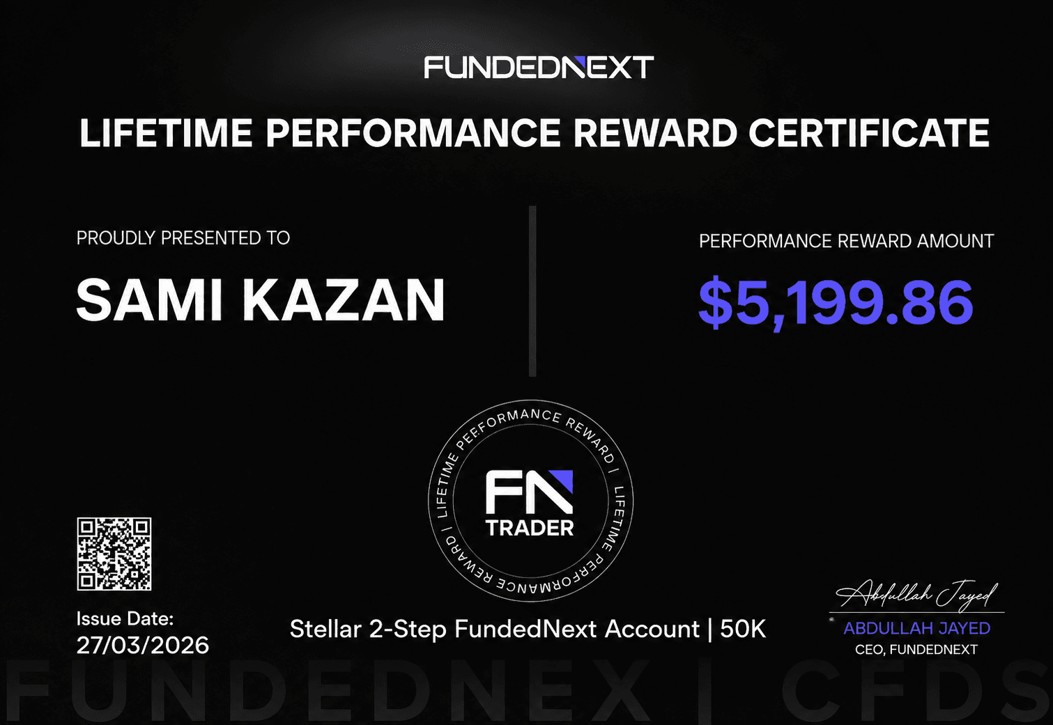 FundedNext Lifetime Performance Reward $5,199 — Sami Kazan payout proof