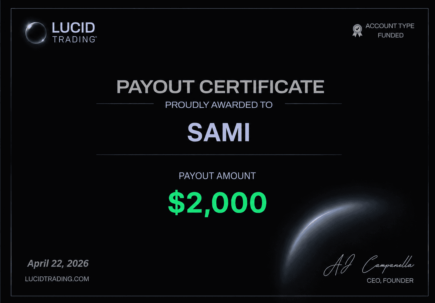 Lucid Trading Payout $2,000 — Sami payout proof