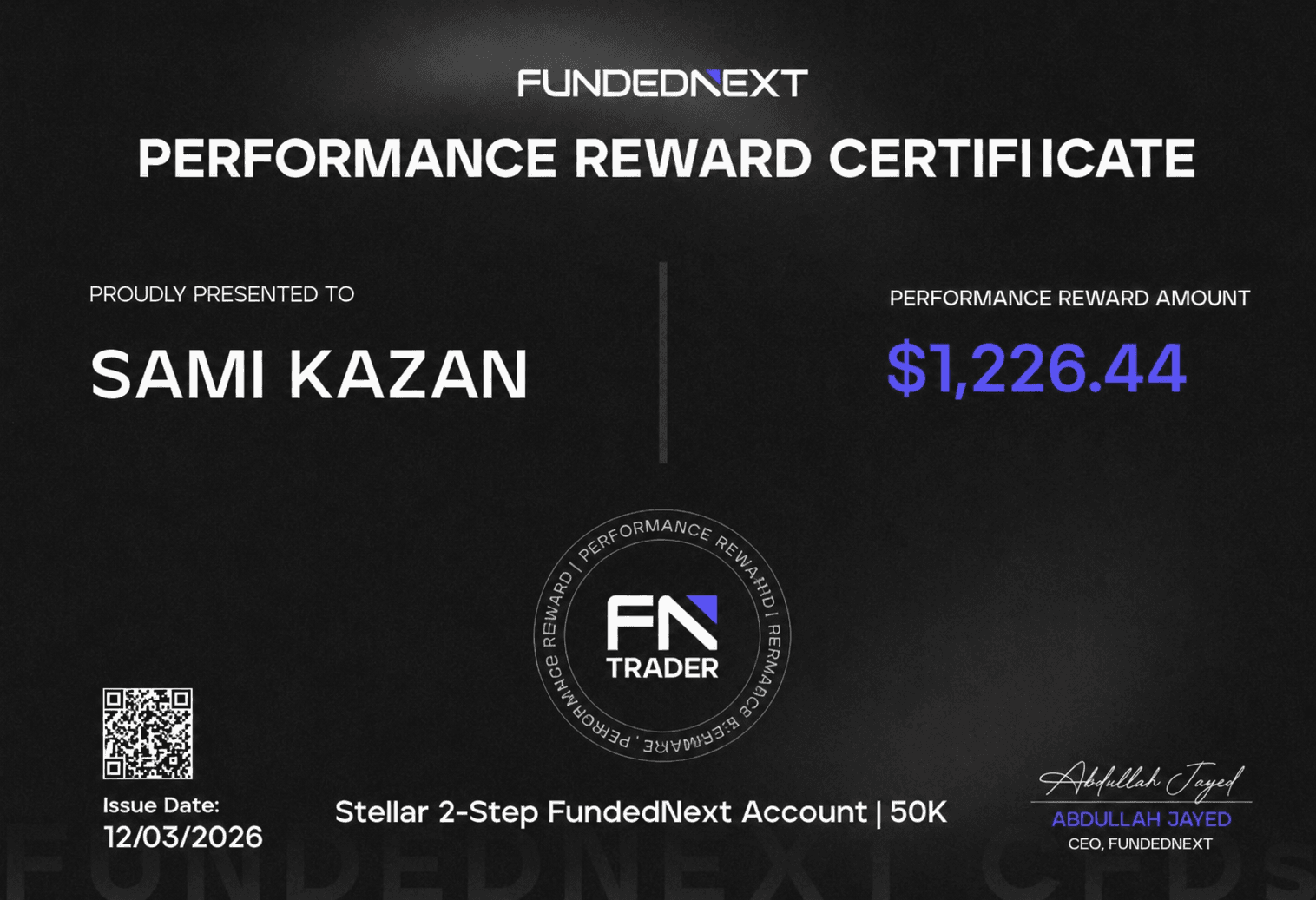 FundedNext Performance Reward $1,226 — Sami Kazan payout proof