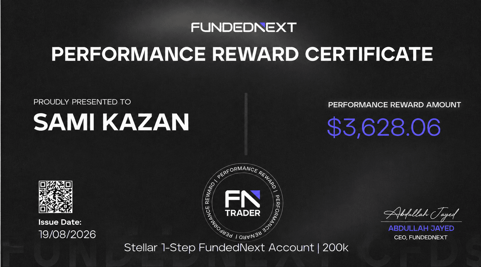 FundedNext Performance Reward $3,628 — Sami Kazan payout proof