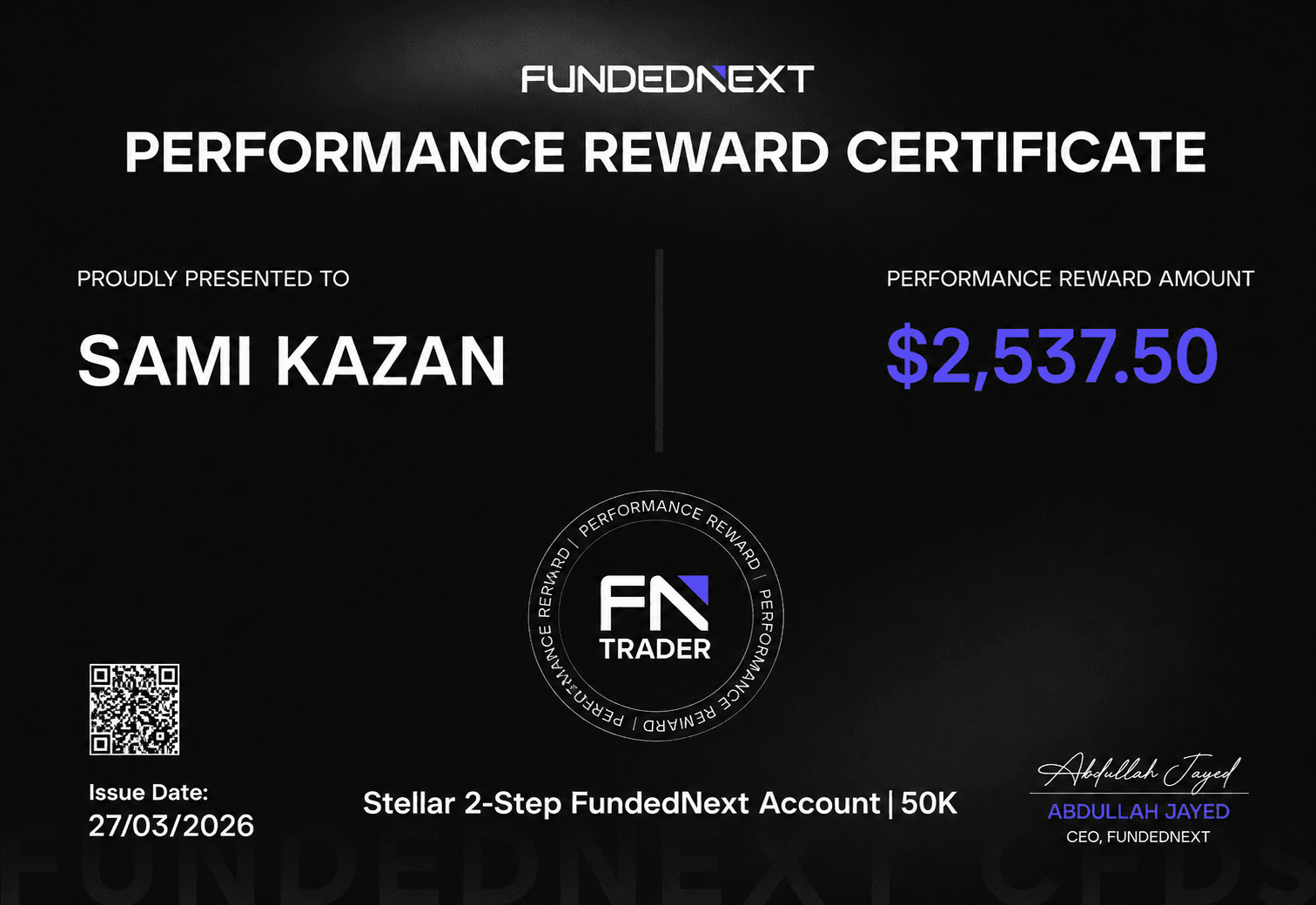 FundedNext Performance Reward $2,537 — Sami Kazan payout proof