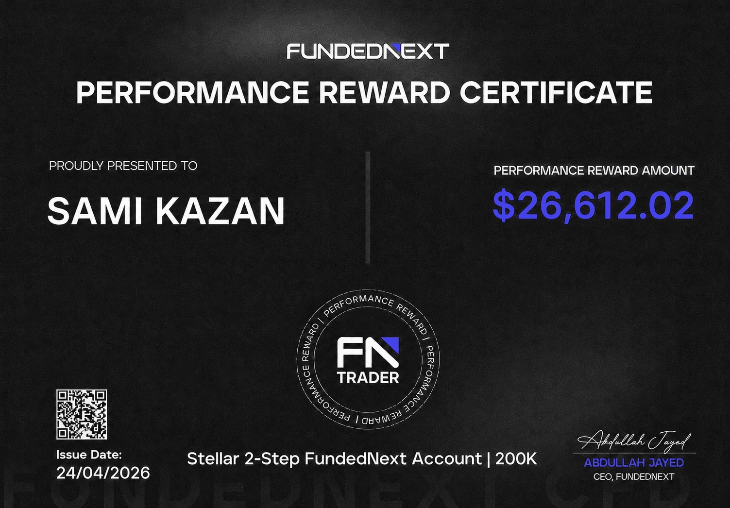 FundedNext Performance Reward $26,612 — Sami Kazan payout proof