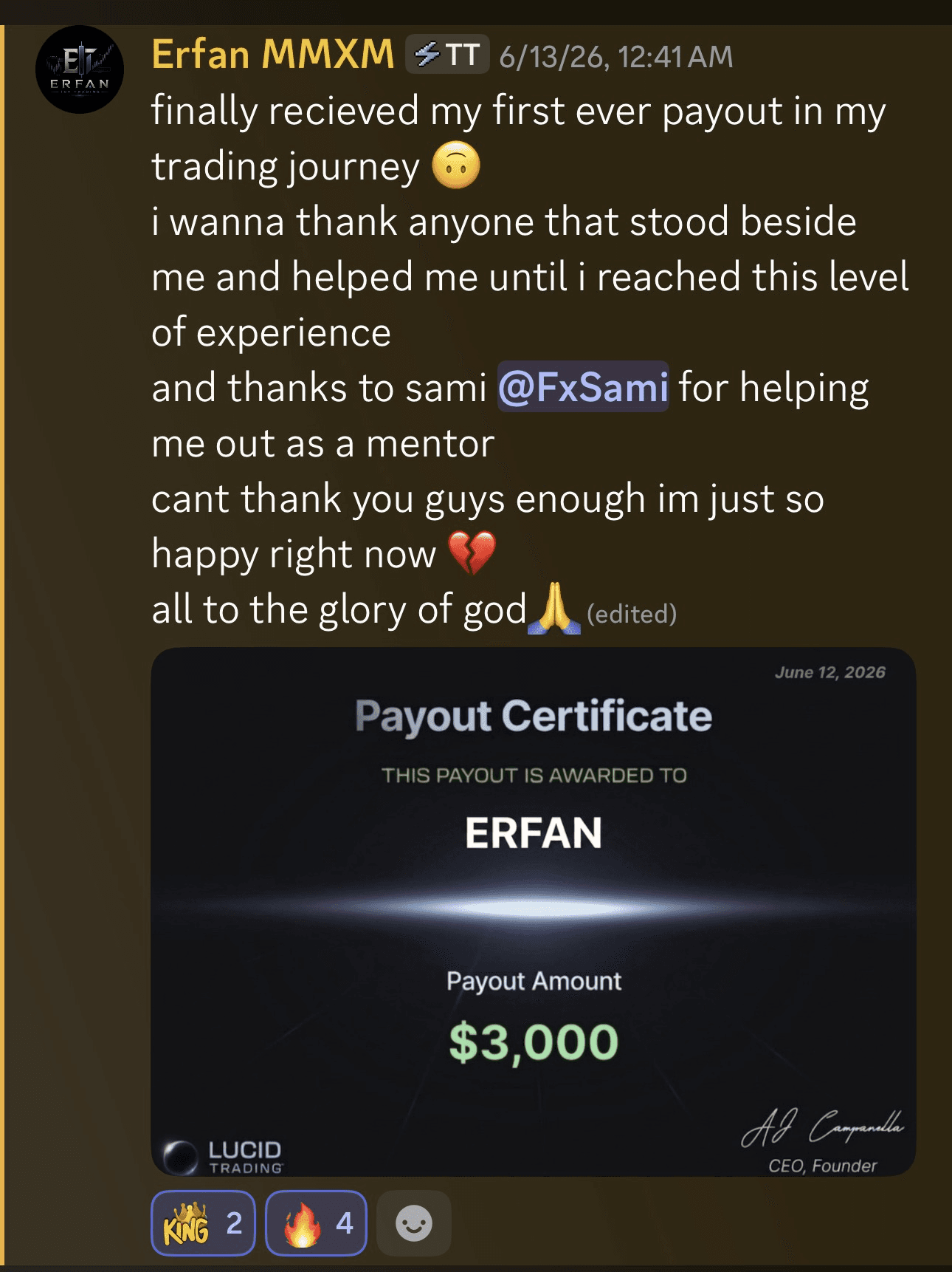Erfan: first ever $3,000 Lucid Trading payout, thanking Fx Sami on Discord
