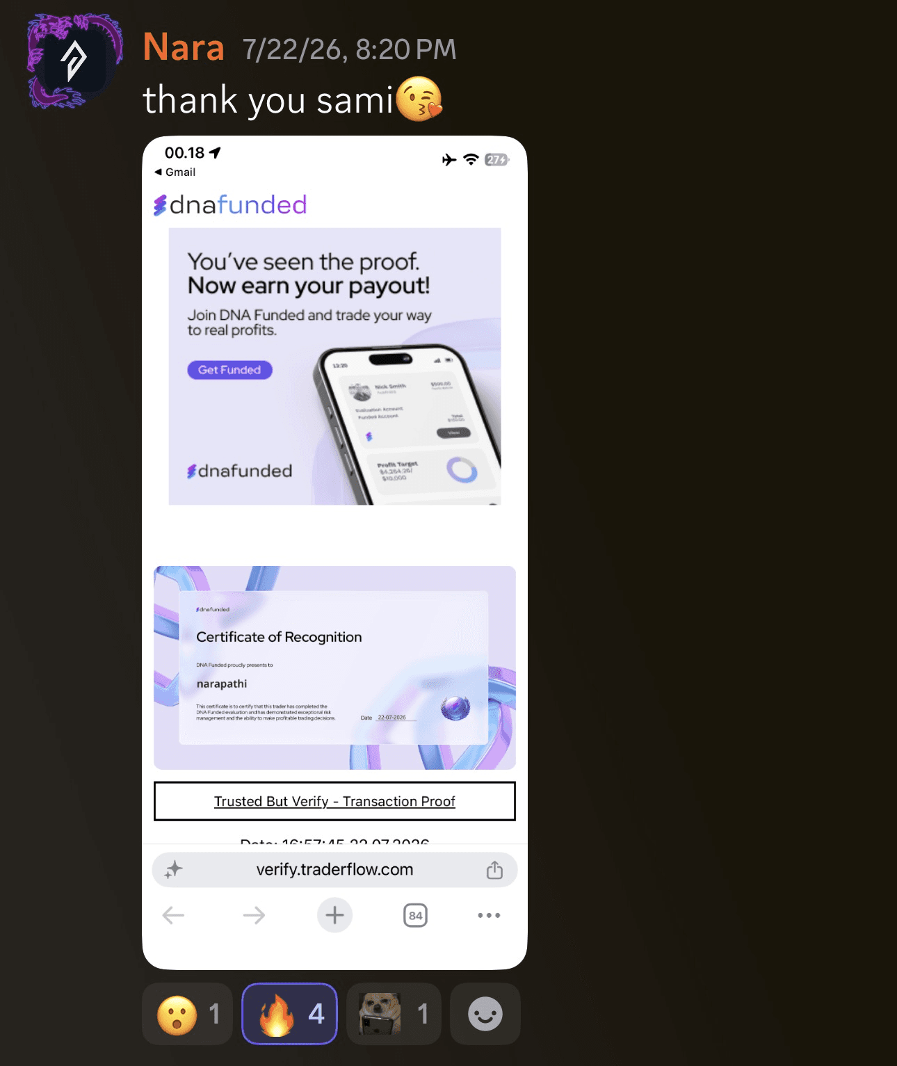 Nara: DNA Funded payout proof, thanking Sami on Discord